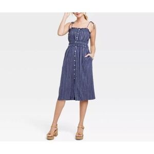 Universal Thread Womens Blue Stripe Midi Dress Linen Blend Size 3X‎
